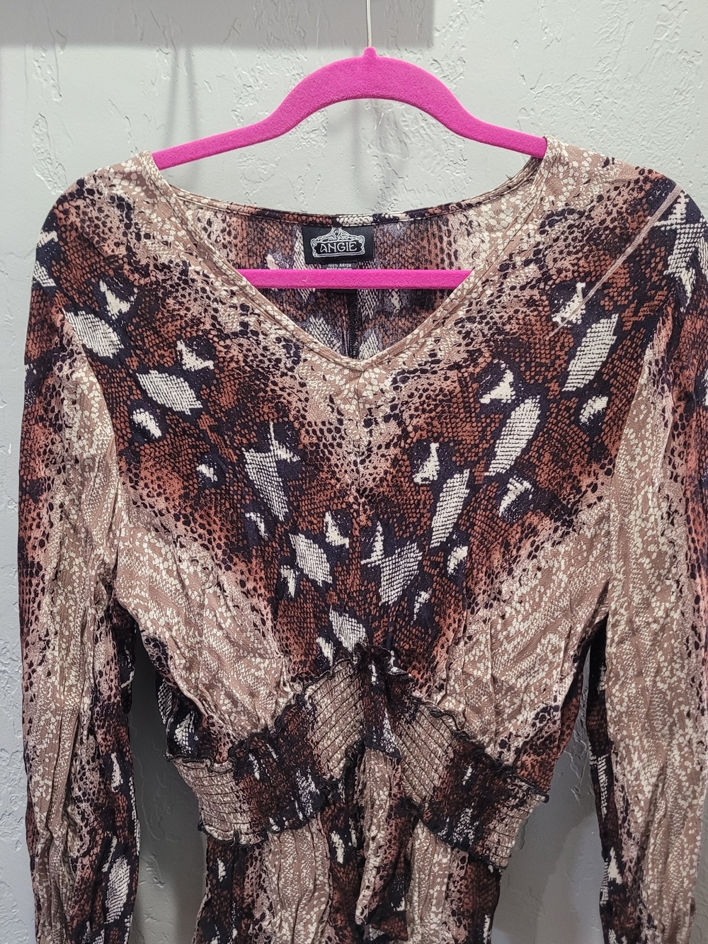 Angie Brown, Black & Cream Snake-Print V-Neck Blouse